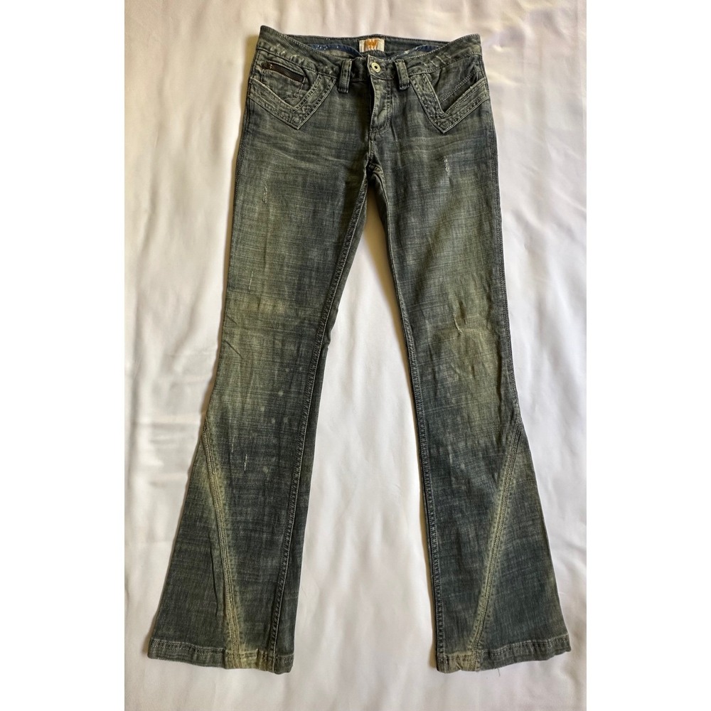 Y2K Antik Denim Embroidered Distressed Bootcut Jeans Dark Wash 28 Made in USA